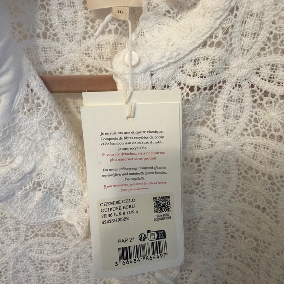 Sezane Chlo Shirt Ecru Guipure Lace - Size 4 - Picture 3 of 3